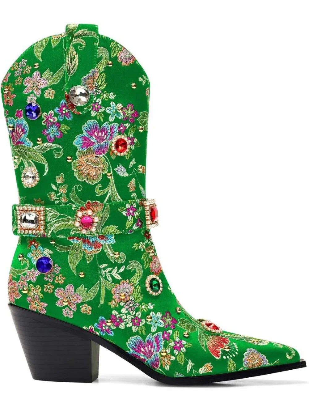Women's Green Western Floral Embroidery Rhinestone Sparkly Cowgirl Mid Calf Boot